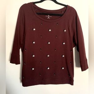 New York and Company 3/4 Sleeve Knit Top with Black and Diamond Gem Details